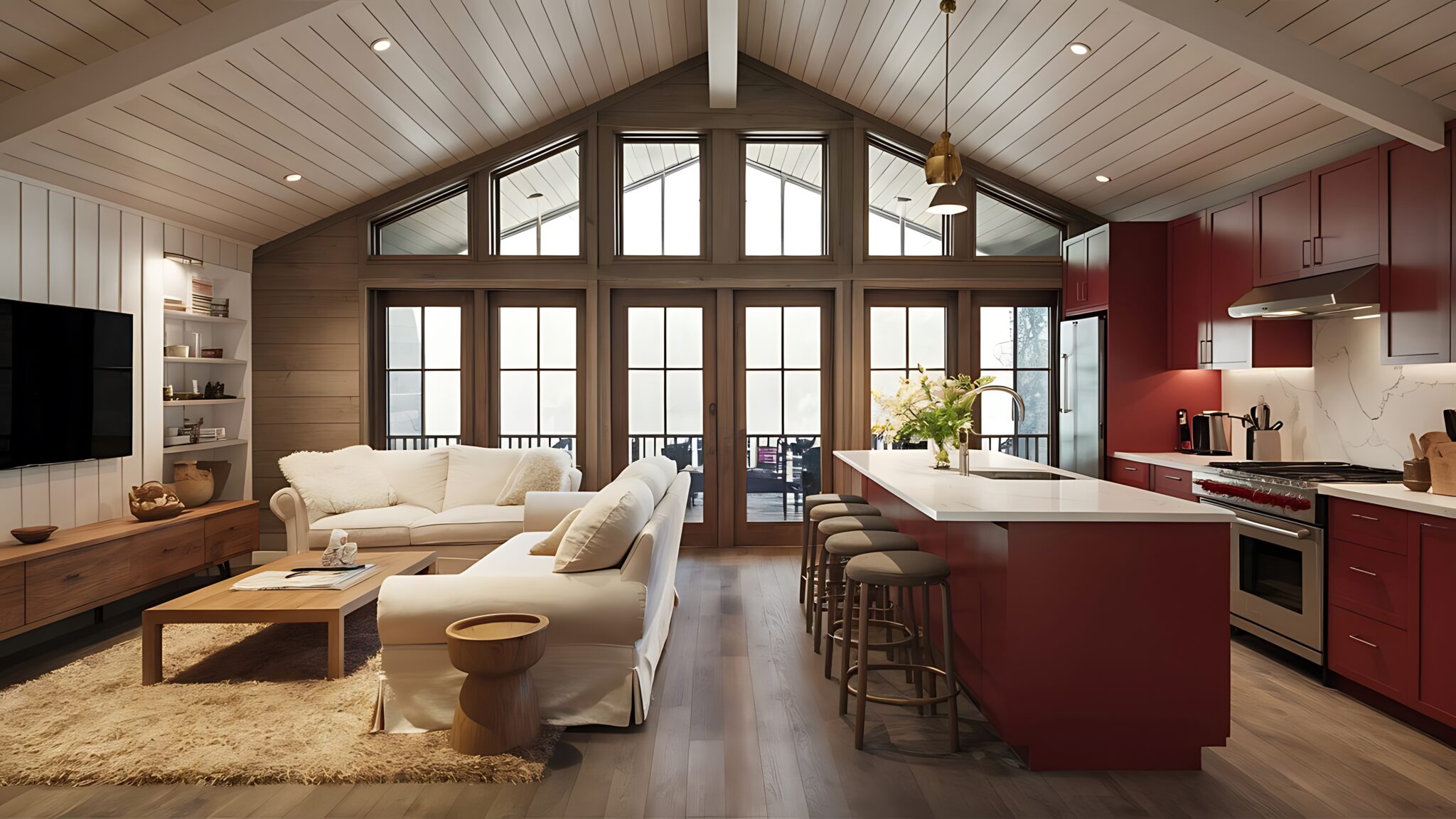 Modern interior of living room united with red kitchen in scandinavian style